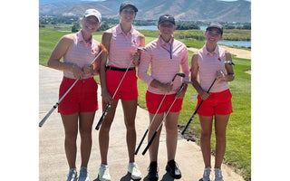 Team Wyoming College Golf Team with four female players in their favorite red golf tops and shorts. Golf apparel, golf team, college golfer, female golfers, racerbacks, active wear