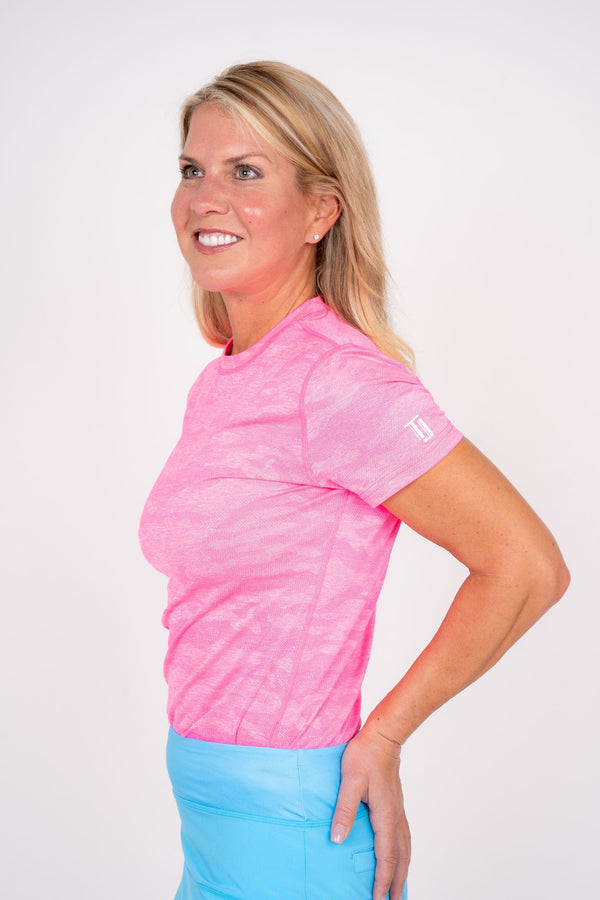Jordan's Collarless Collection - Neon Pink Camo Women's Golf Shirt TJ SPORT
