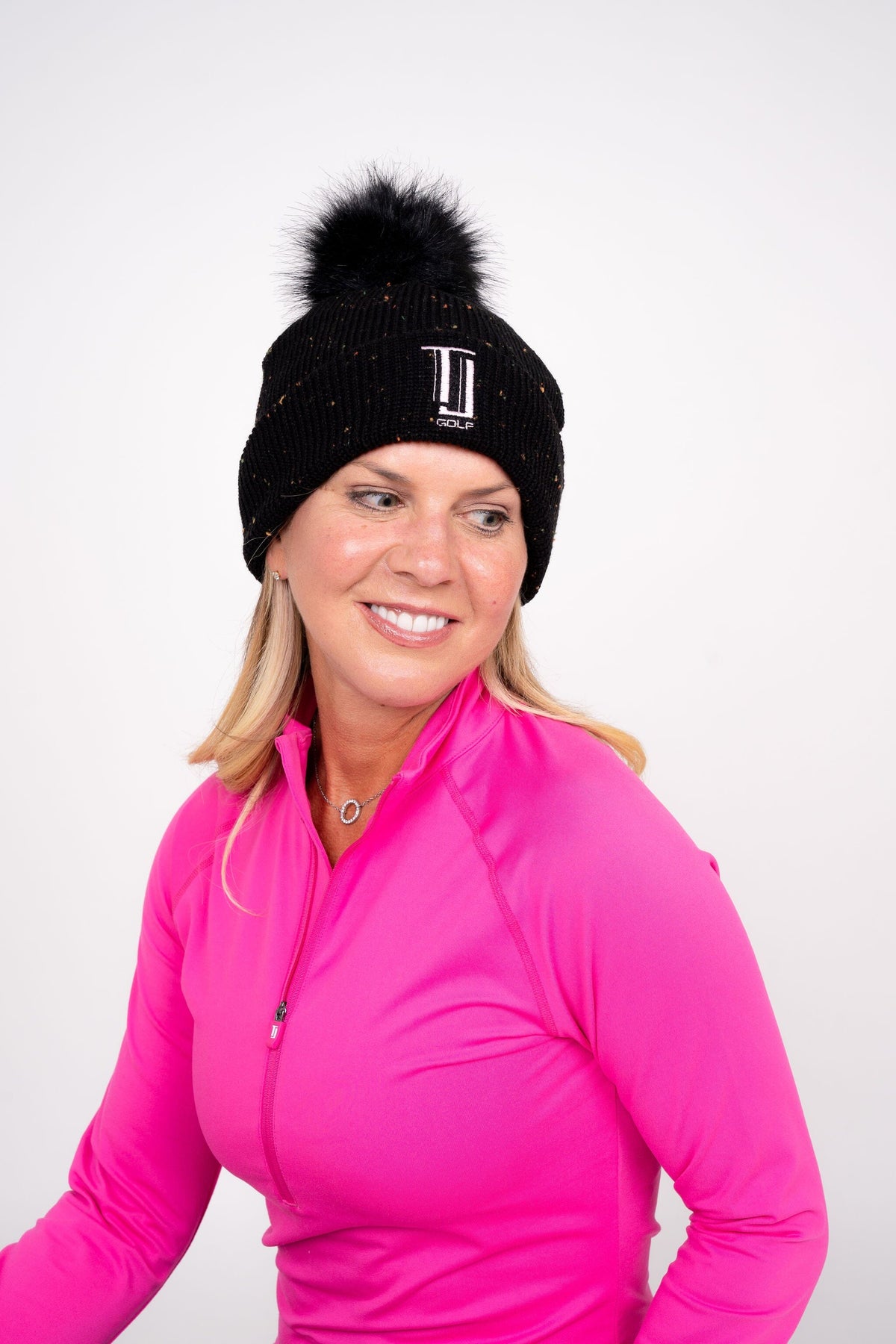 Black with neon pink puff ball beanie Color Block Beanie // Black, Fuchsia, Cream - Merino Wool  main image 2